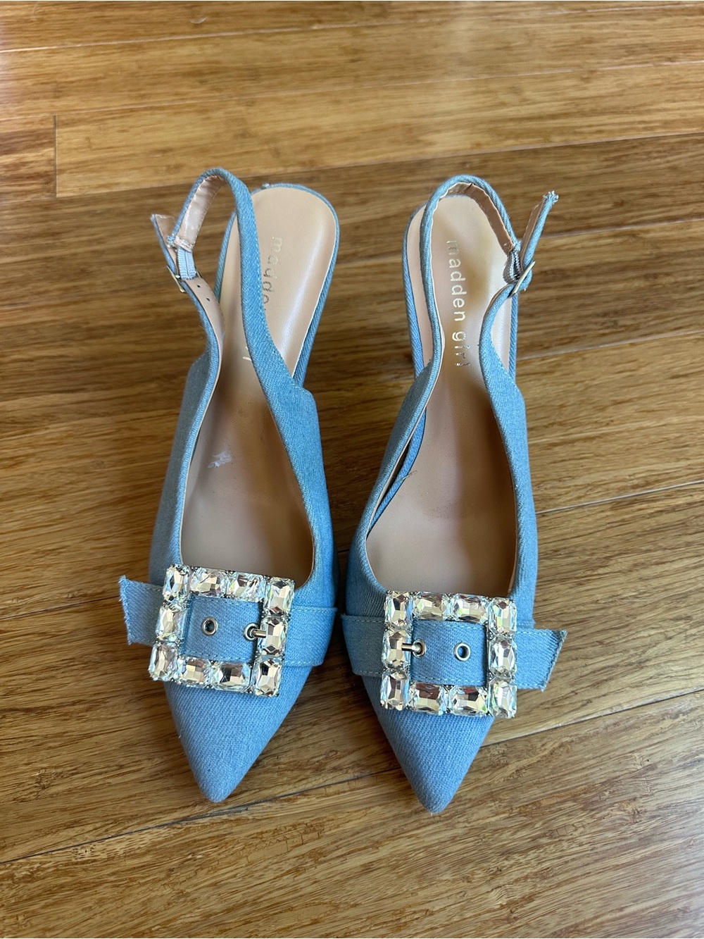 MADDEN GIRL Women 7.5 Denim Rhinestone Buckle Slingback Pointed Toe Heels - Picture 2 of 6